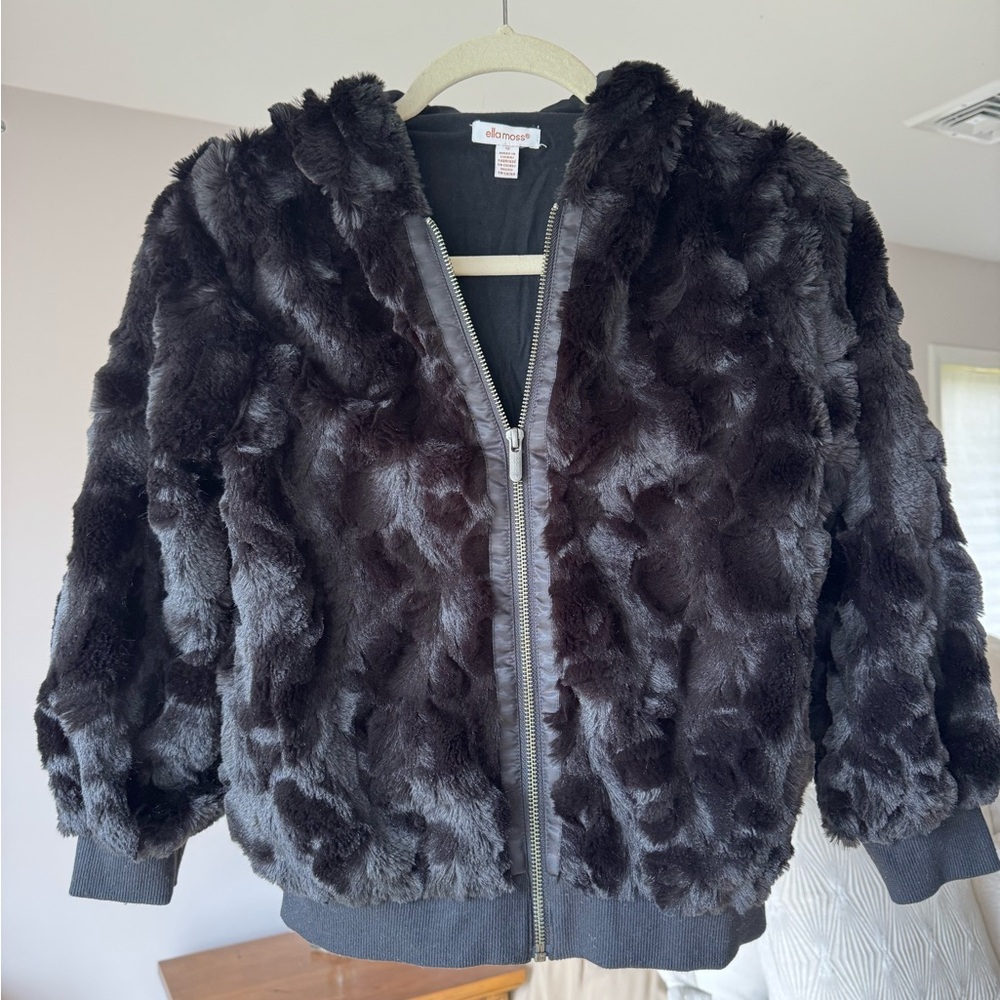 Girls Ella Moss Plush Faux Fur Zip Hoodie - Black, girls sz 12